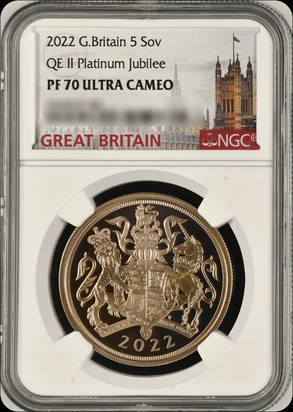 A 2022 Platinum Jubilee Five Pounds sealed in an NGC holder, graded PF70 Ultra Cameo