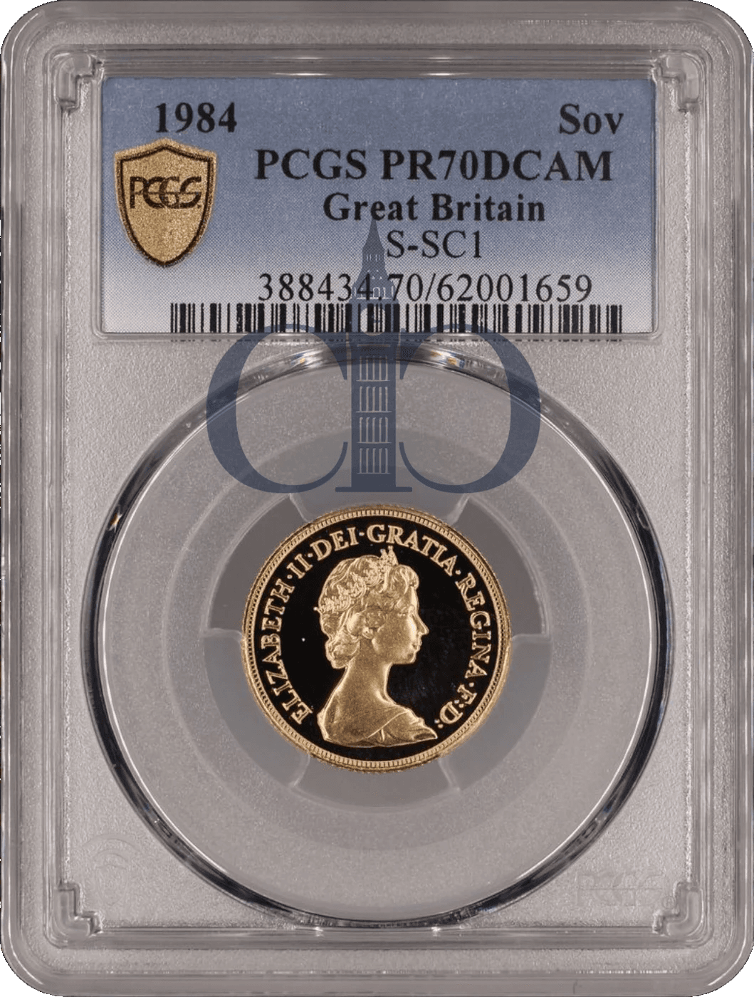 1984 Full Sovereign Proof obverse, Arnold Machin's portrait of Queen Elizabeth II, in a PCGS PR70 Deep Cameo holder