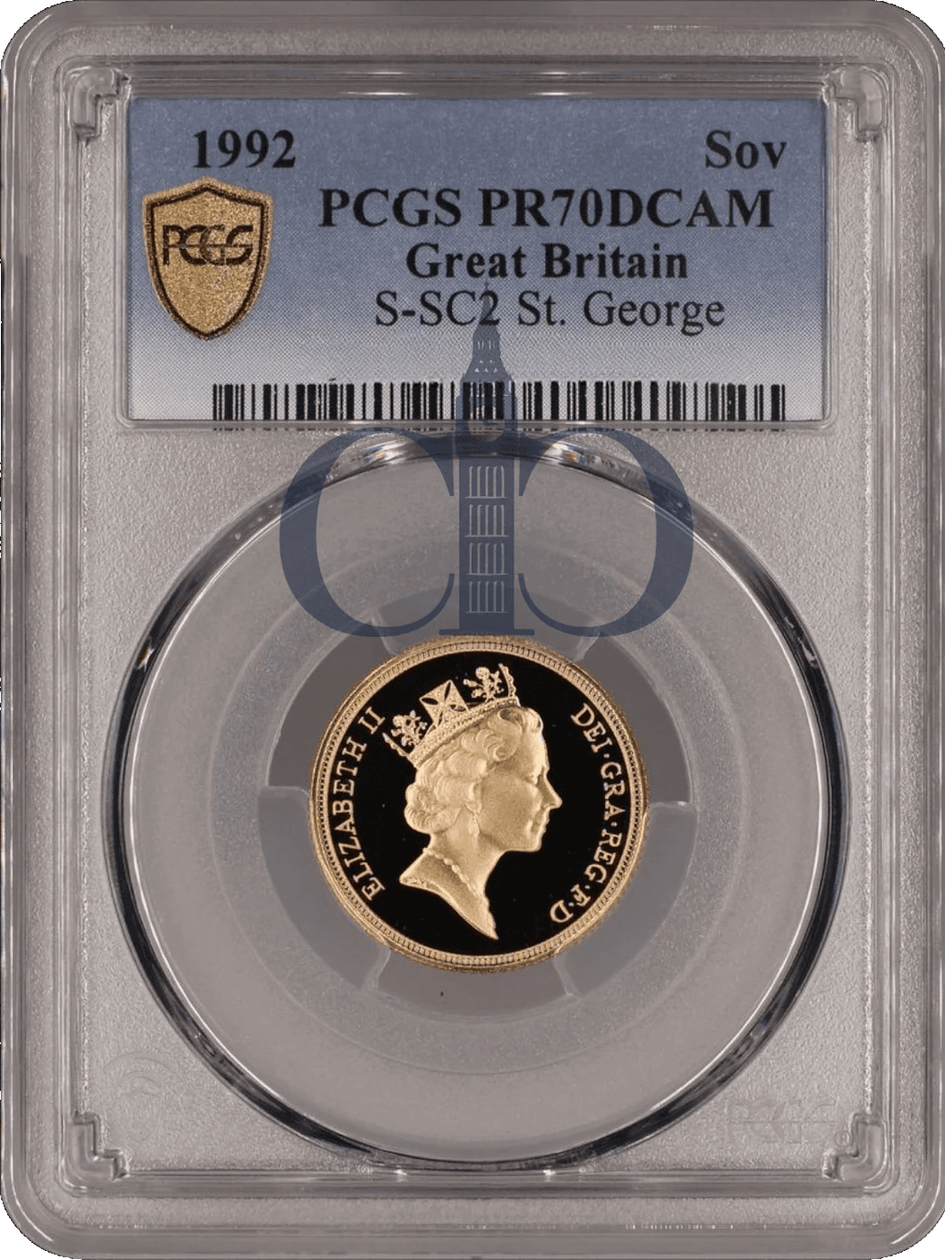 1992 Full Sovereign Proof obverse, Raphael Maklouf's portrait of Queen Elizabeth II, in a PCGS PR70 Deep Cameo holder